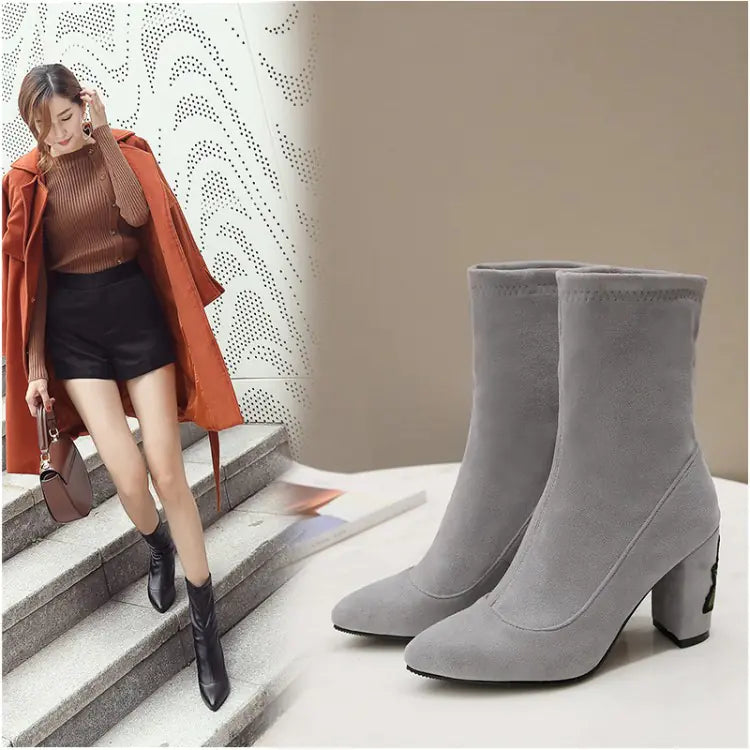 Women's Gray Embroidered Ankle Boots with Chunky Block Heels - Image 27