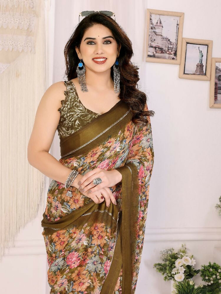 PR Fashion Cream Bright Moss Satin Patta Printed Saree
