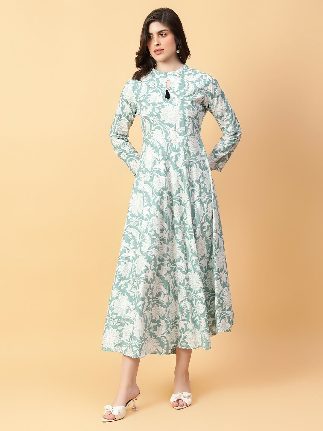 Green Cotton Printed Hand Work Dress