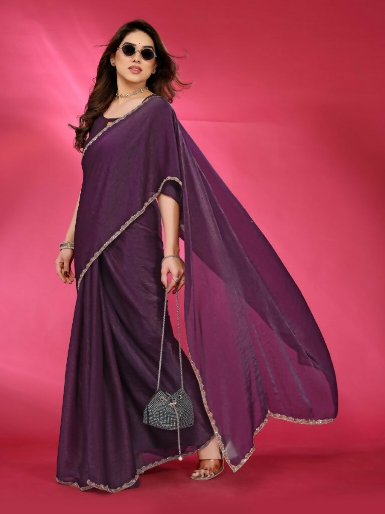 Wine Jimmy Choo Fabric Saree with Work Lace Border