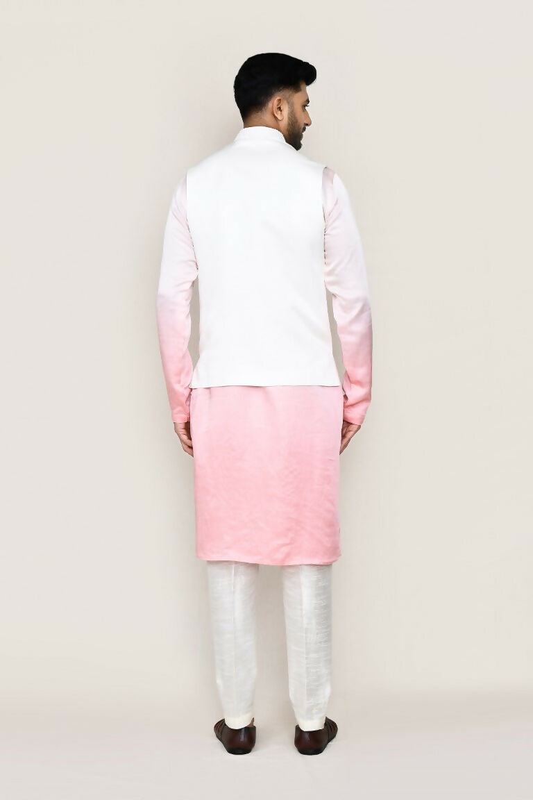 Men's White Art Silk Kurta Set with Matching Jacket and Pant