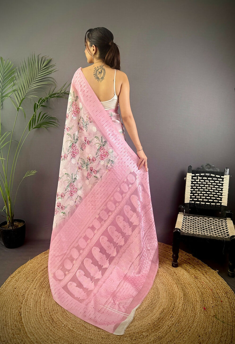 Baby Pink Floral Banarasi Silk Saree for Traditional Occasions