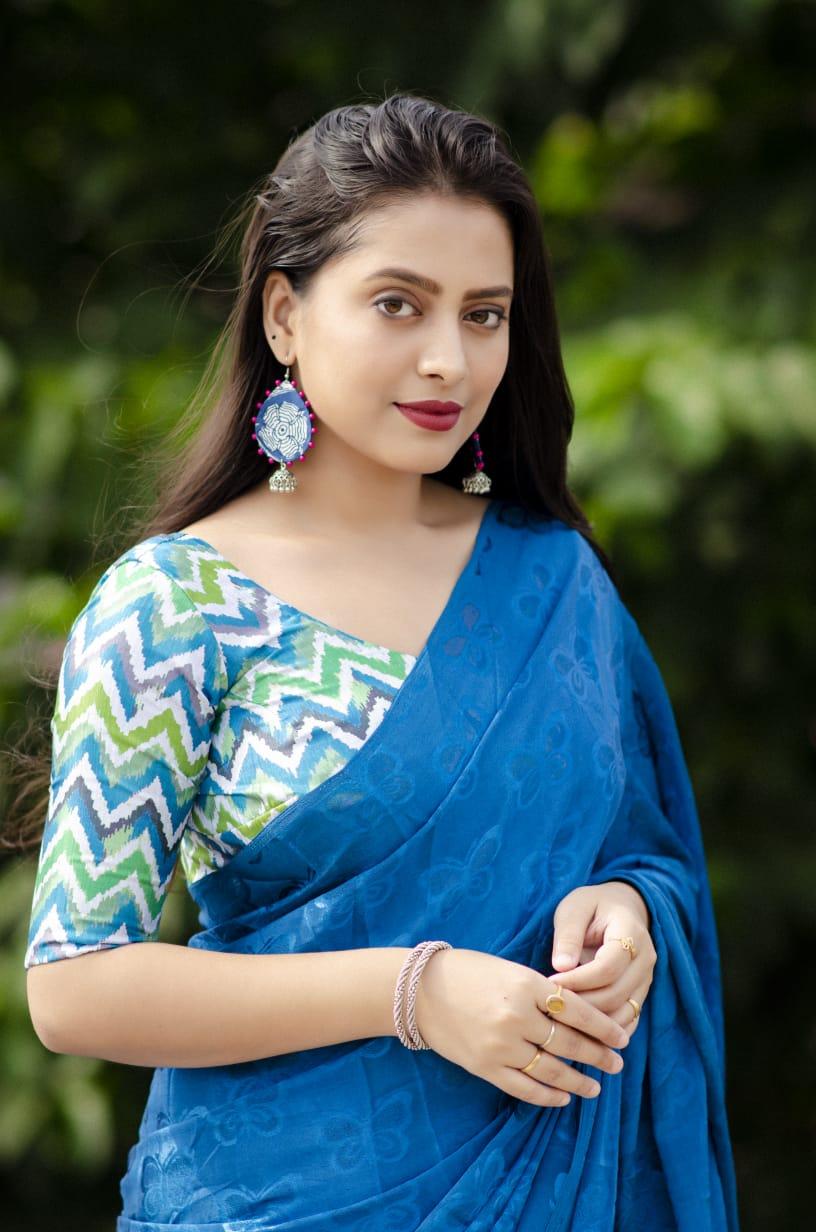 Blue Silk Blend Saree with Butterfly Motif and Printed Blouse