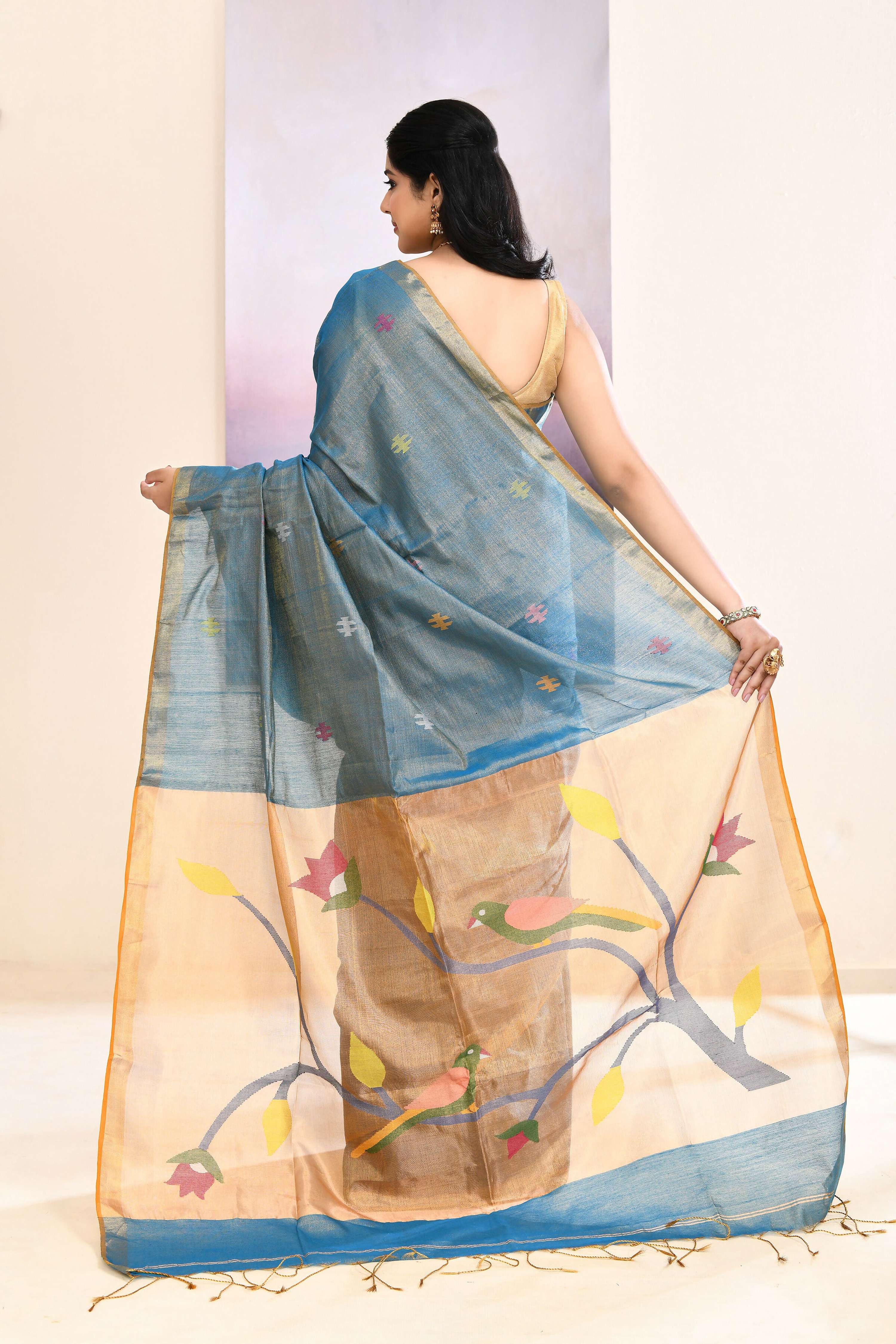 Sky Blue Embellished Tissue Jamdani Saree for Elegant Occasions