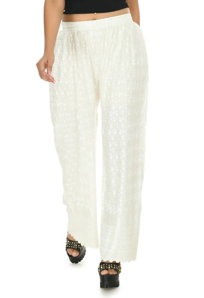 White Chikankari Palazzo Pants in Rayon Cotton