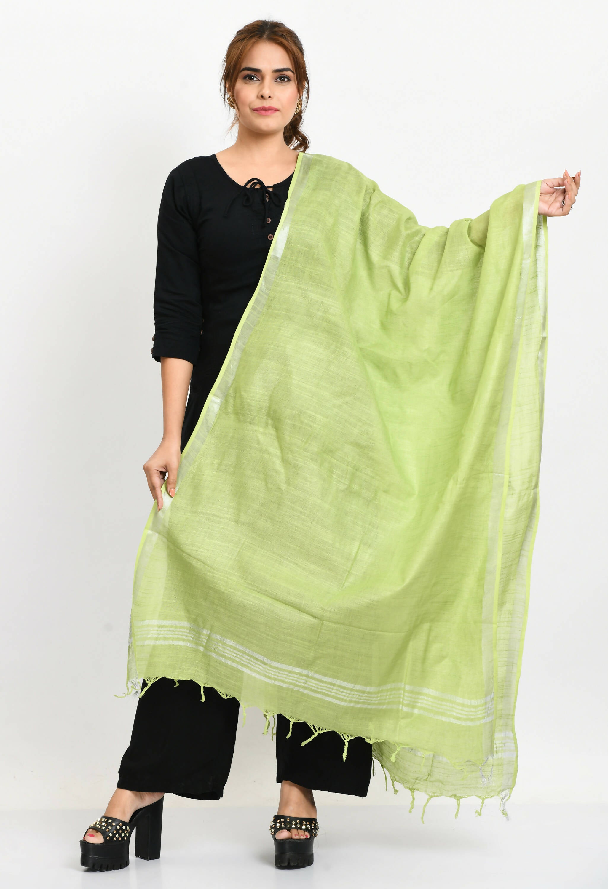Parrot green linen cotton dupatta featuring a silver border for traditional ethnic-wear