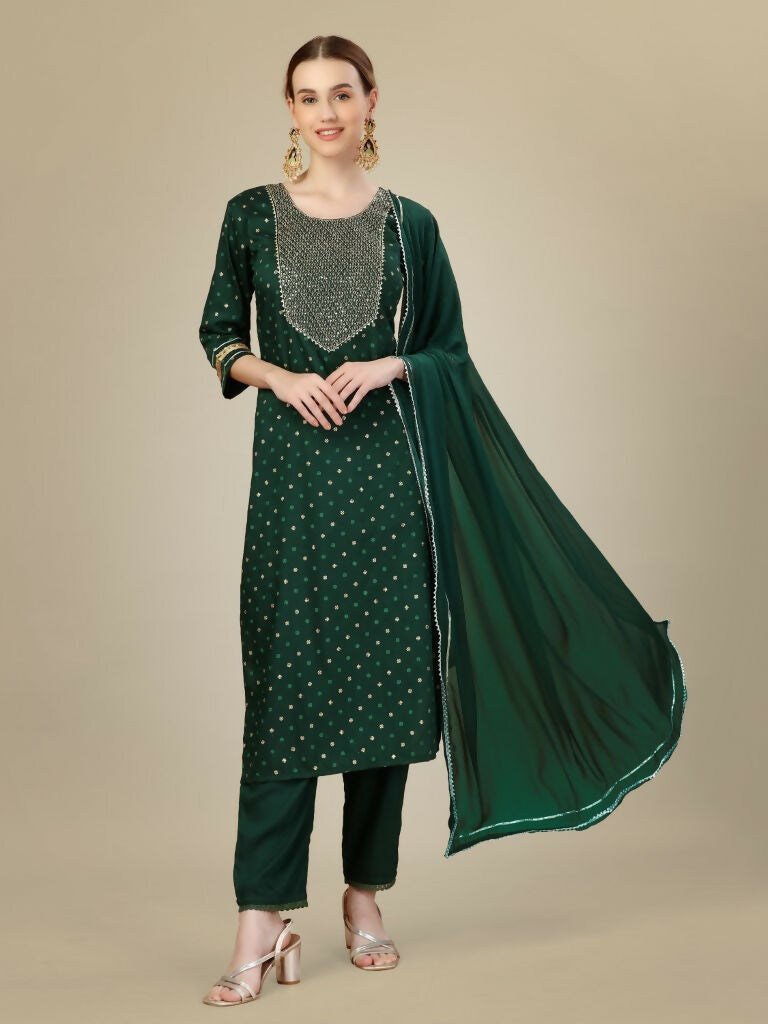 Women's Dark Green Silk Blend Embroidered Straight Kurta Set