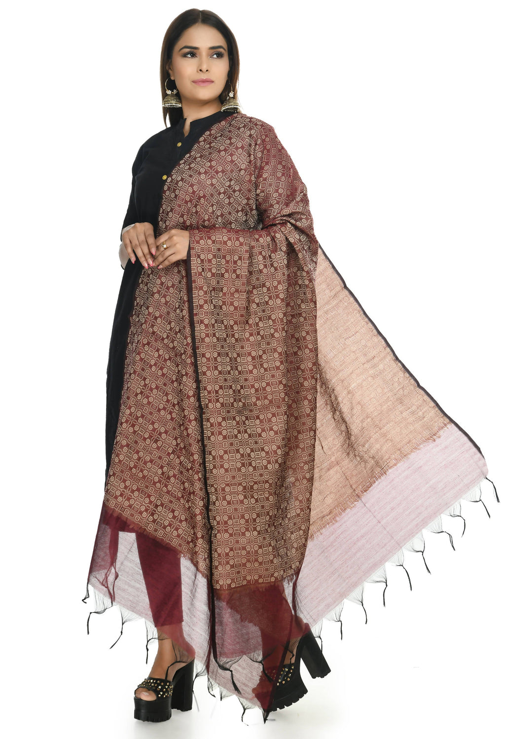 Dark Maroon Handloom Cotton Dupatta - Elegant Ethnic Drape