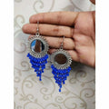 Silver color round mirror earrings with blue pearl dangles