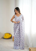 Light Purple Bright Moss Satin Patta floral print saree with matching blouse