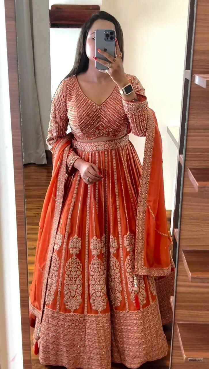 Orange Faux Georgette Lehenga Choli with Sequins and Thread Work
