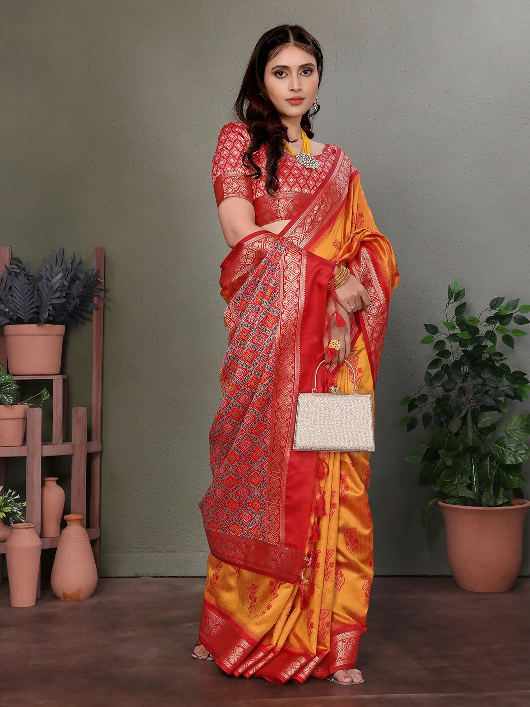 Orange Banarasi Silk Saree with Woven Design & Blouse Piece