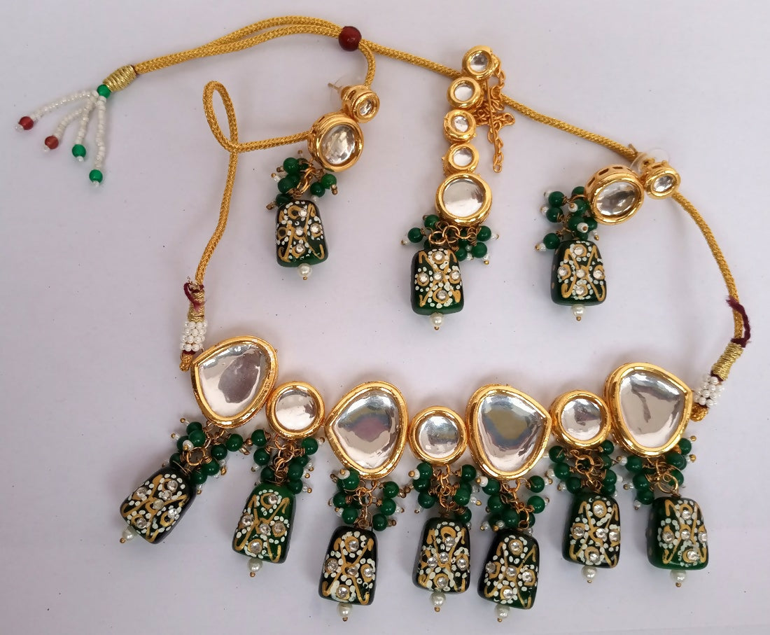 Bottle green Kundan stone necklace set with gold plating