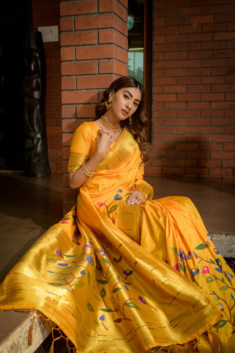Women's Yellow Paithani Silk Saree with Zari Woven Border & Blouse