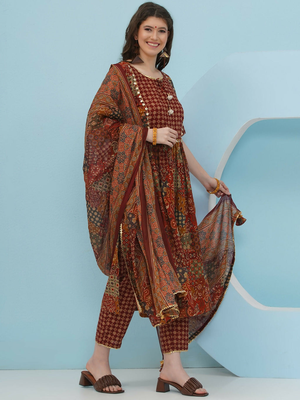Brown Cotton Suit Set for Women