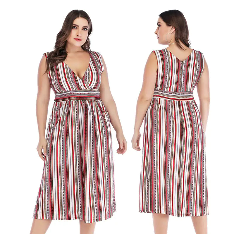 A woman wearing a sleeveless V-neck midi dress with vertical red, black, and white stripes.