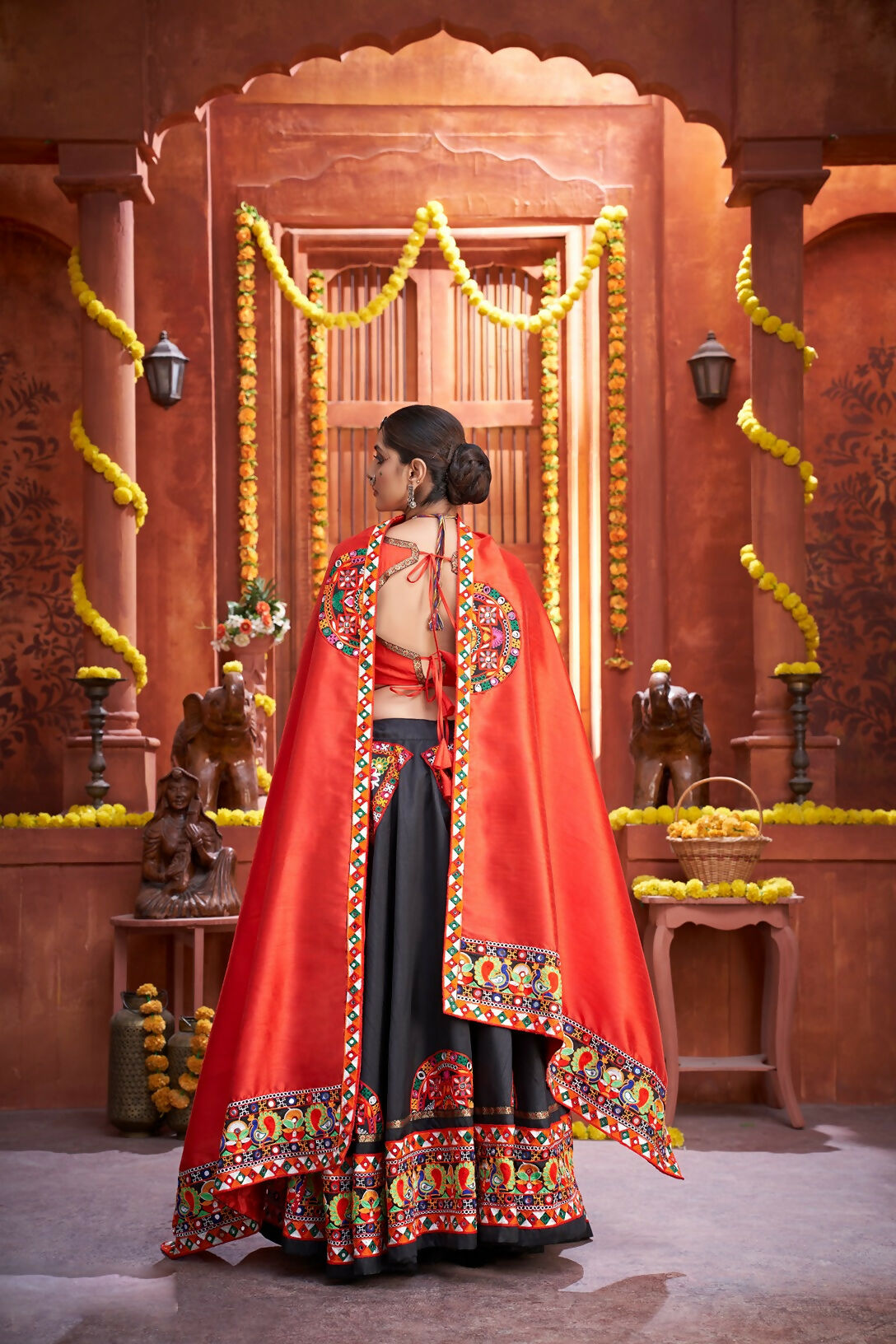 Black Art Silk Navratri Lehenga Choli with Red Blouse and Dupatta