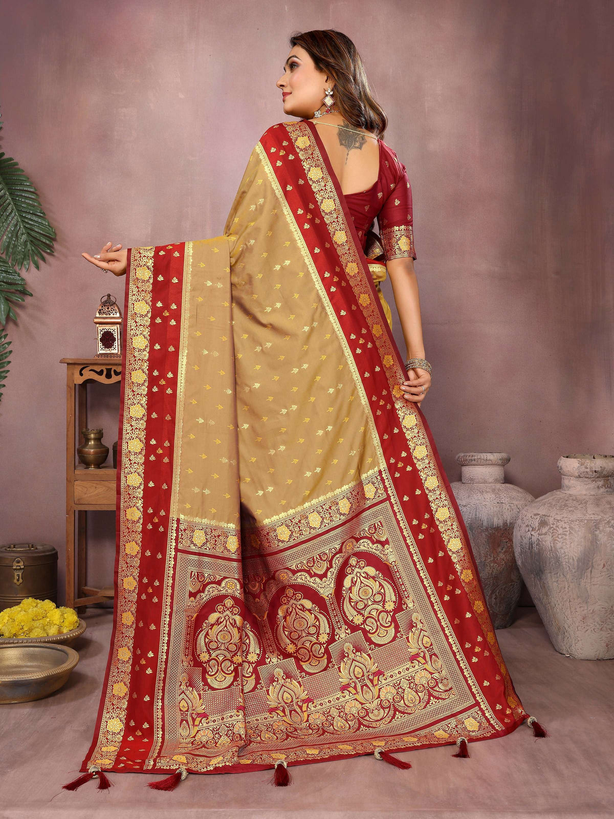 Mustard Kalamkari Silk Zari Woven Saree with Traditional Motifs