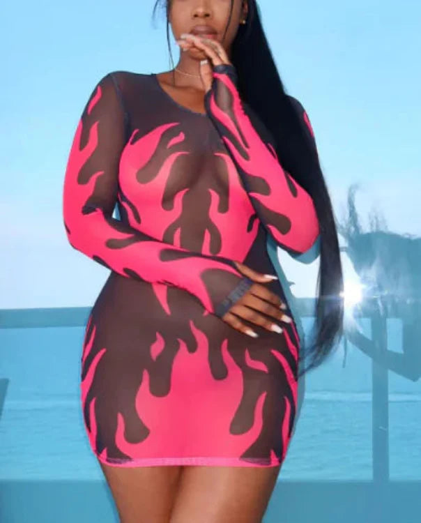 Women's Black and Pink Flame Print Long Sleeve Mesh Mini Dress - Image 4