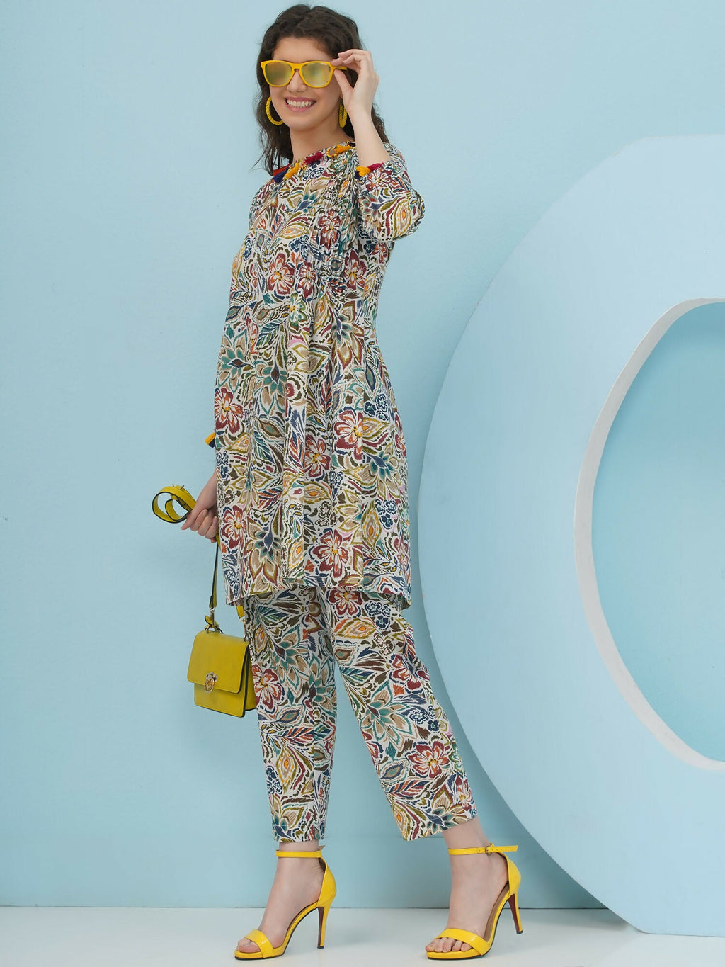 Floral Print Co Ord Set in Multi Color with Embellishment