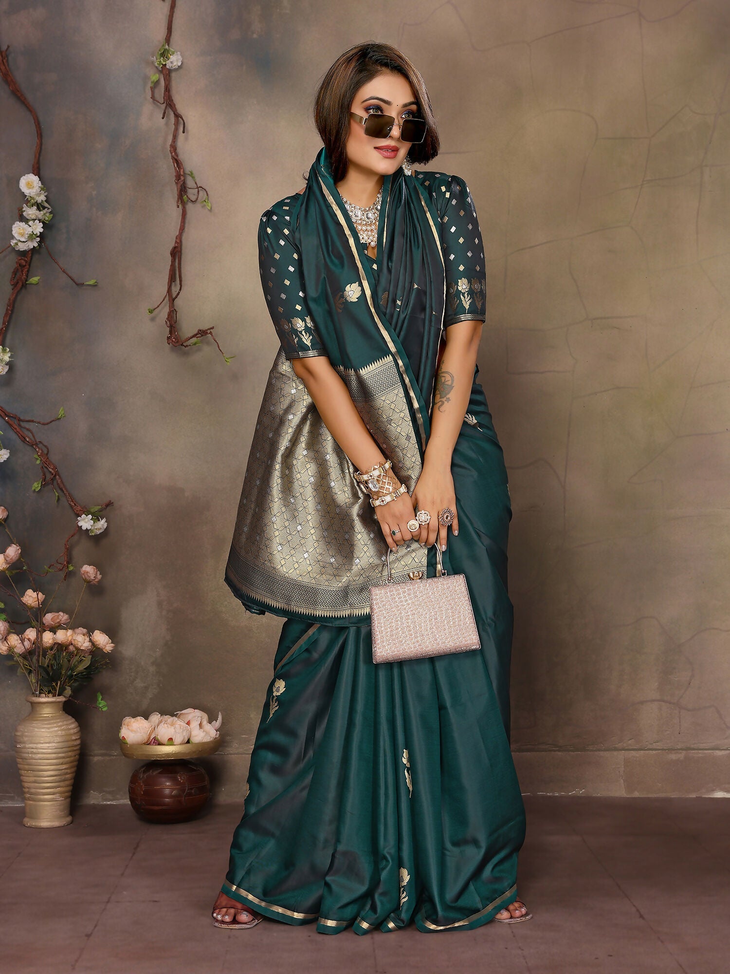 Dark Green Satin Silk Banarasi Saree with Floral Botanical Motifs