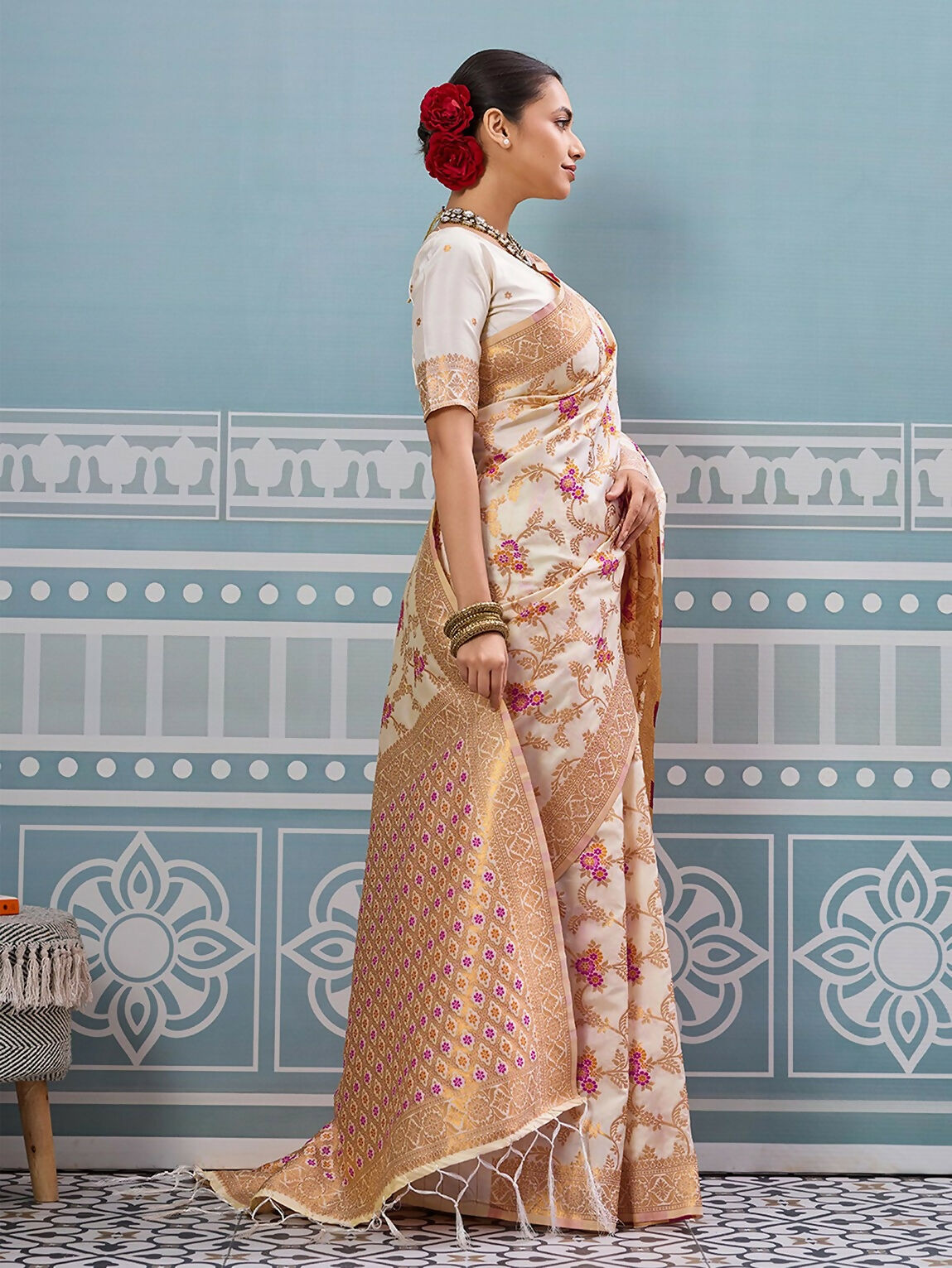 Cream Silk Saree with Matching Blouse - Minimalist Ethnic Elegance