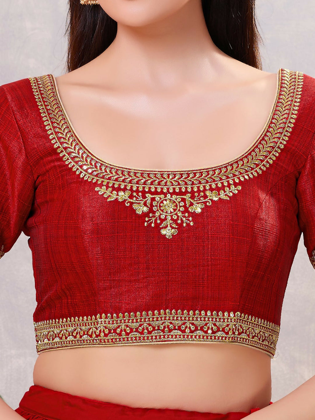 Dark-Red Silk Stitched Blouse with Round Neck