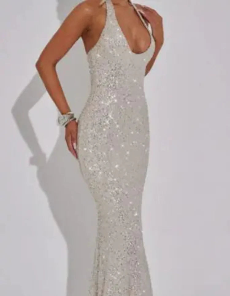 Women's Burgundy Sequin Halter Maxi Dress Formal Evening Gown - Image 6