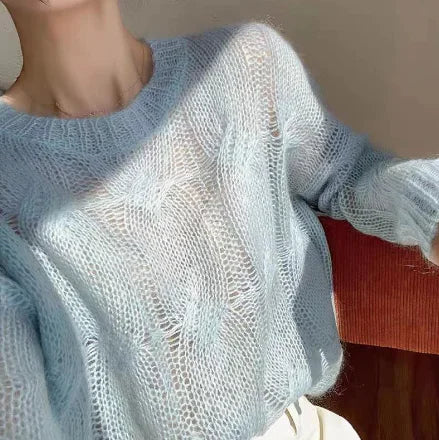 Women's Light Blue Hollow Knit Pullover Sweater Long Sleeve Top - Image 2