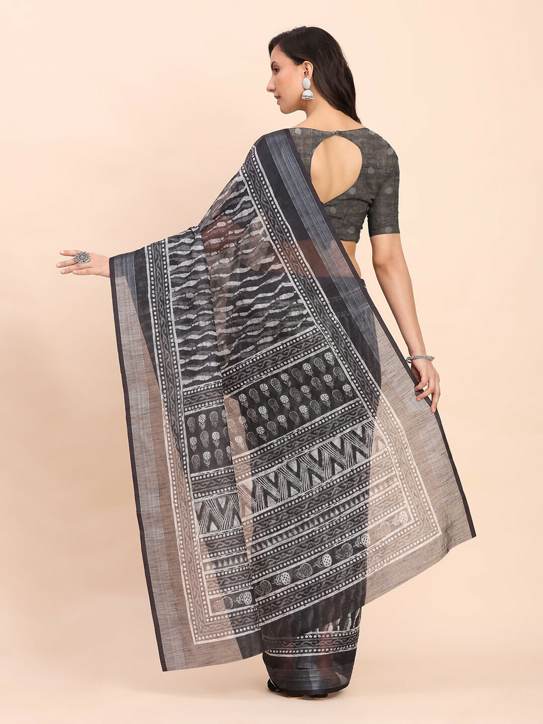 Minimalist Black Linen Cotton Saree with Matching Blouse