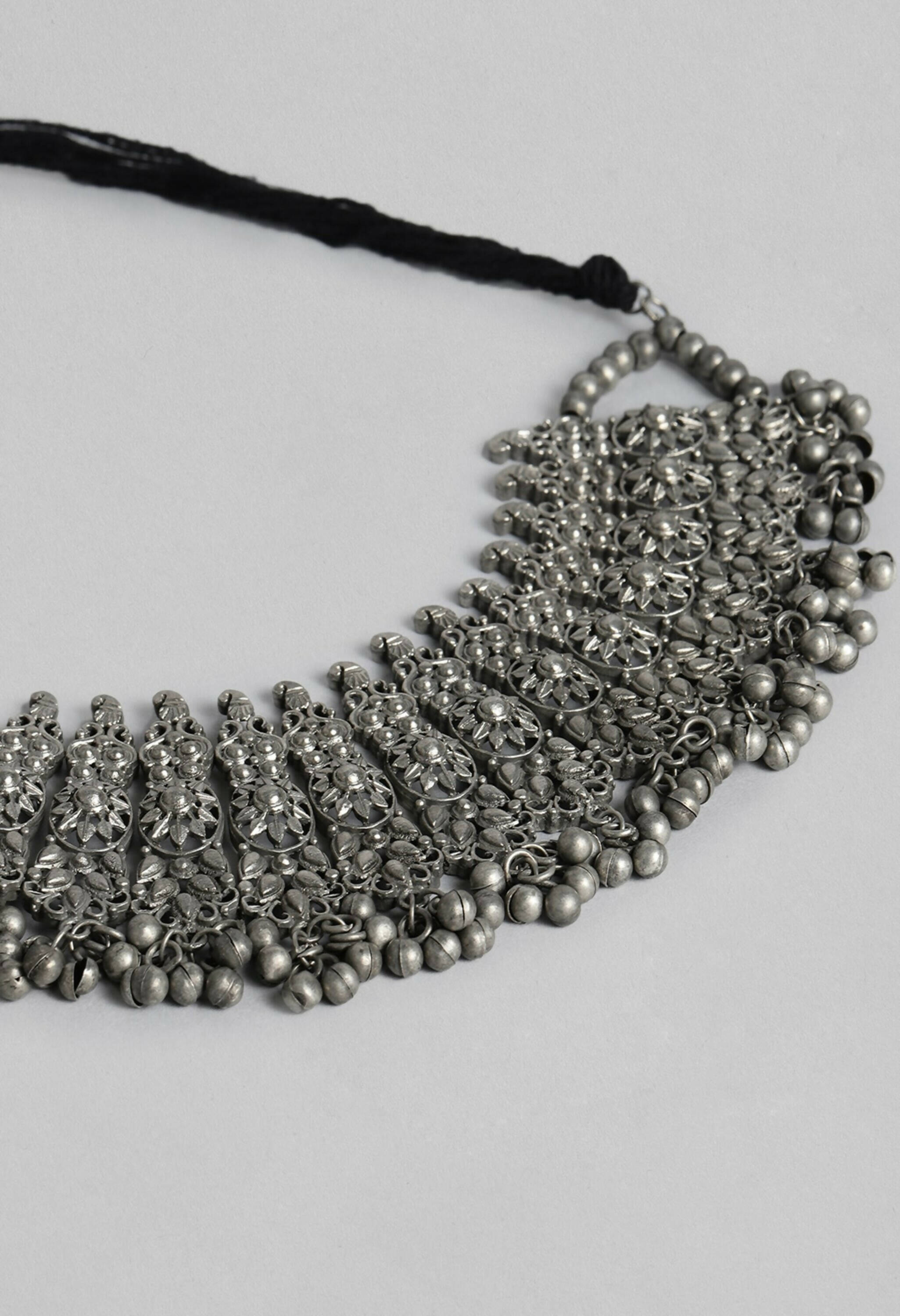 Johar Kamal Oxidised Silver-Plated Brass Temple Choker Necklace Set