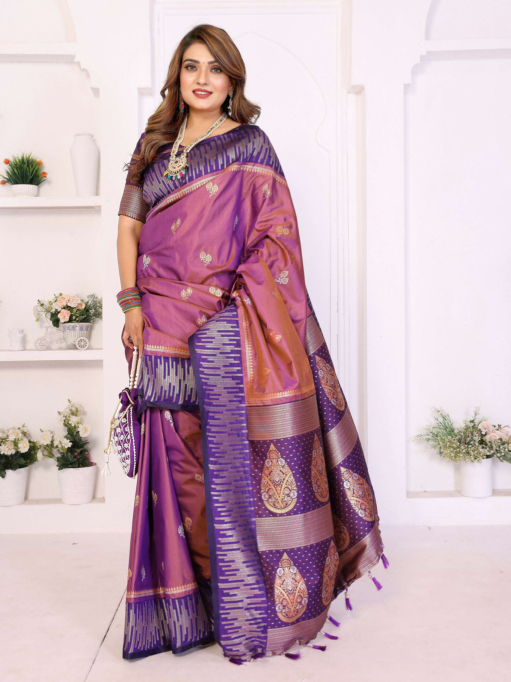 Purple South Soft Silk Saree with Elegant Zari Weaving Work