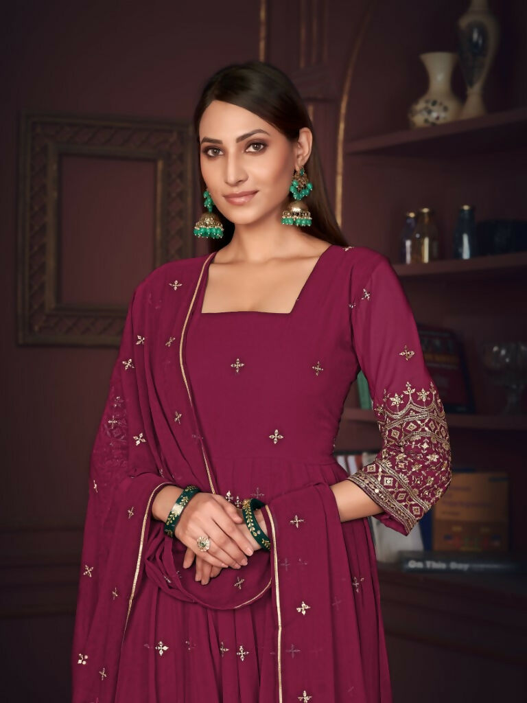 Rani Pink Georgette Embroidered Anarkali Kurta Pant Set & Dupatta