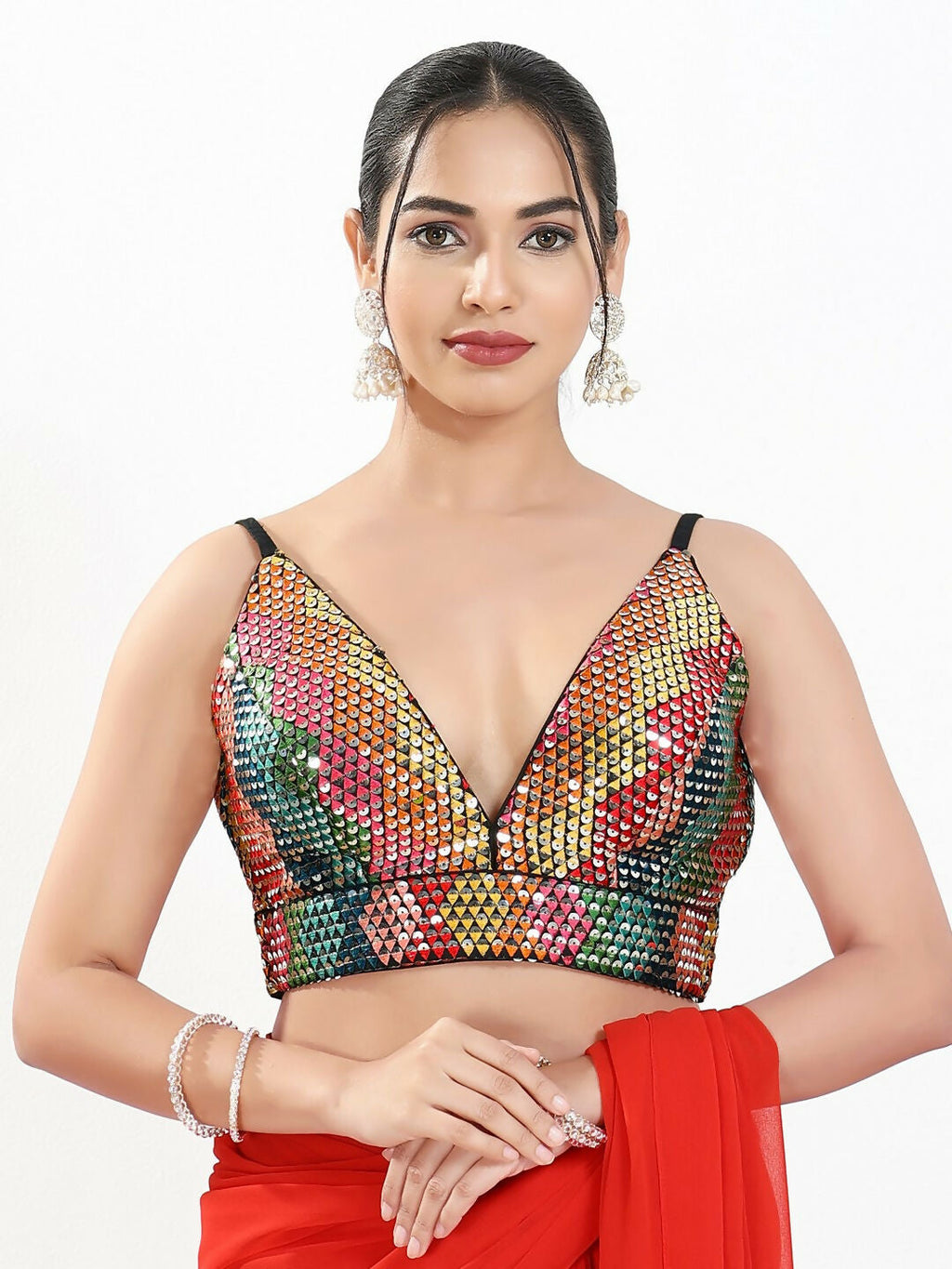 Black multi-colored sequin sleeveless blouse with V-neck