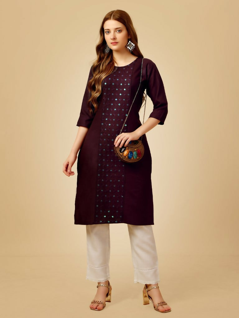 Women wearing a wine-colored embroidered cotton blend straight kurta with matching pants
