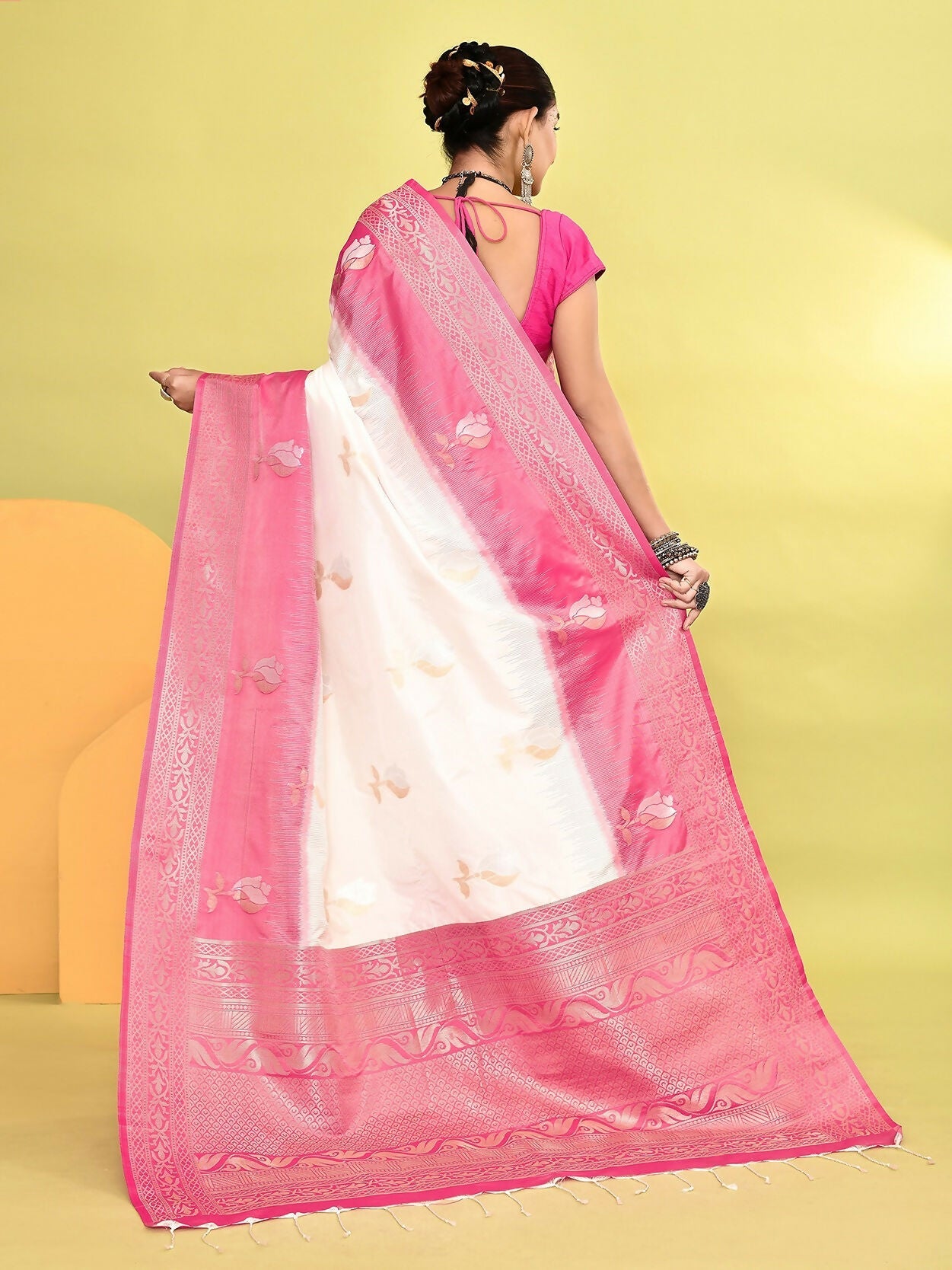 White & Rani Pink Banarasi Soft Silk Saree with Weaving Border