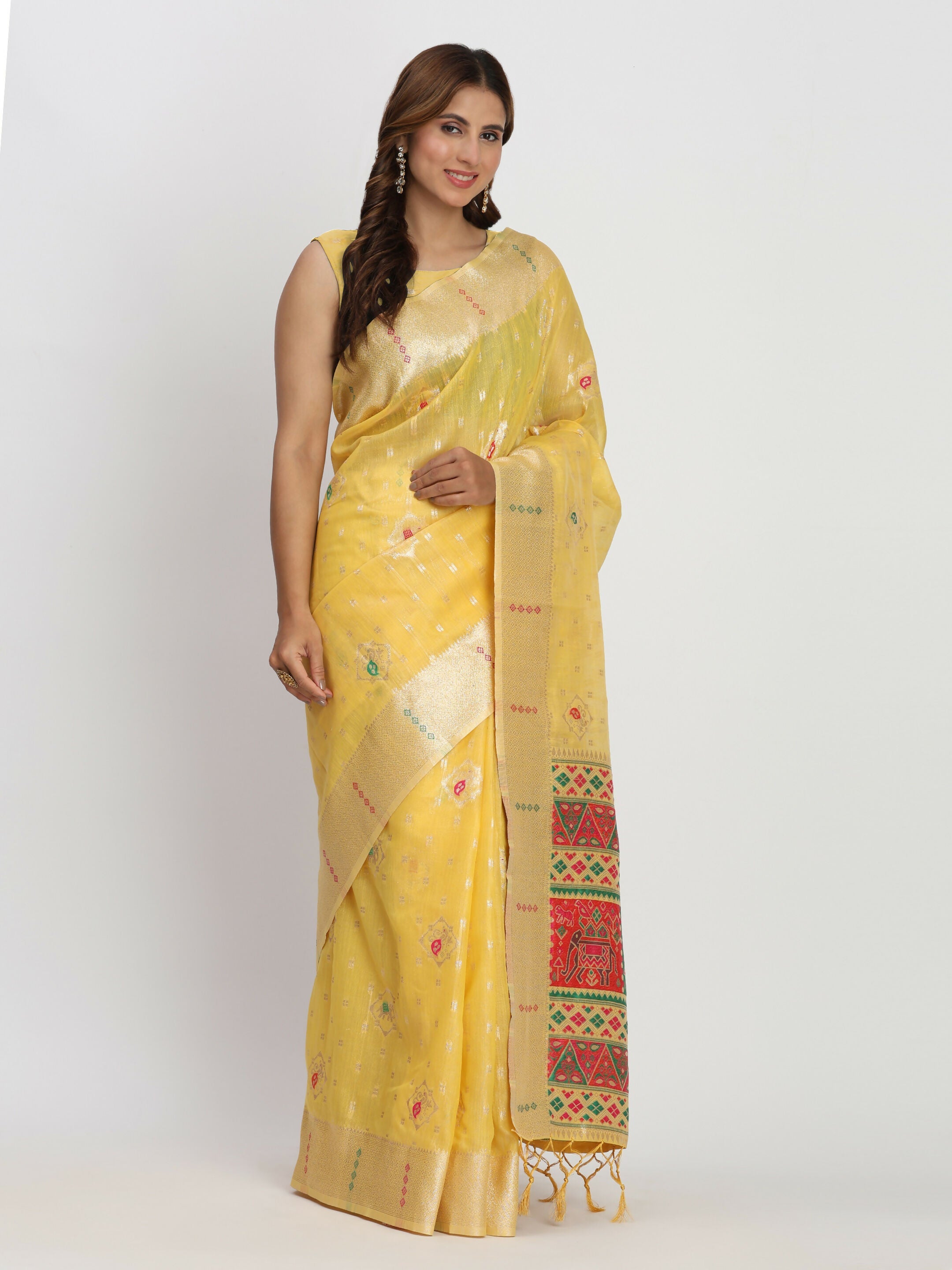 Yellow Linen Cotton Saree with Matching Blouse Piece