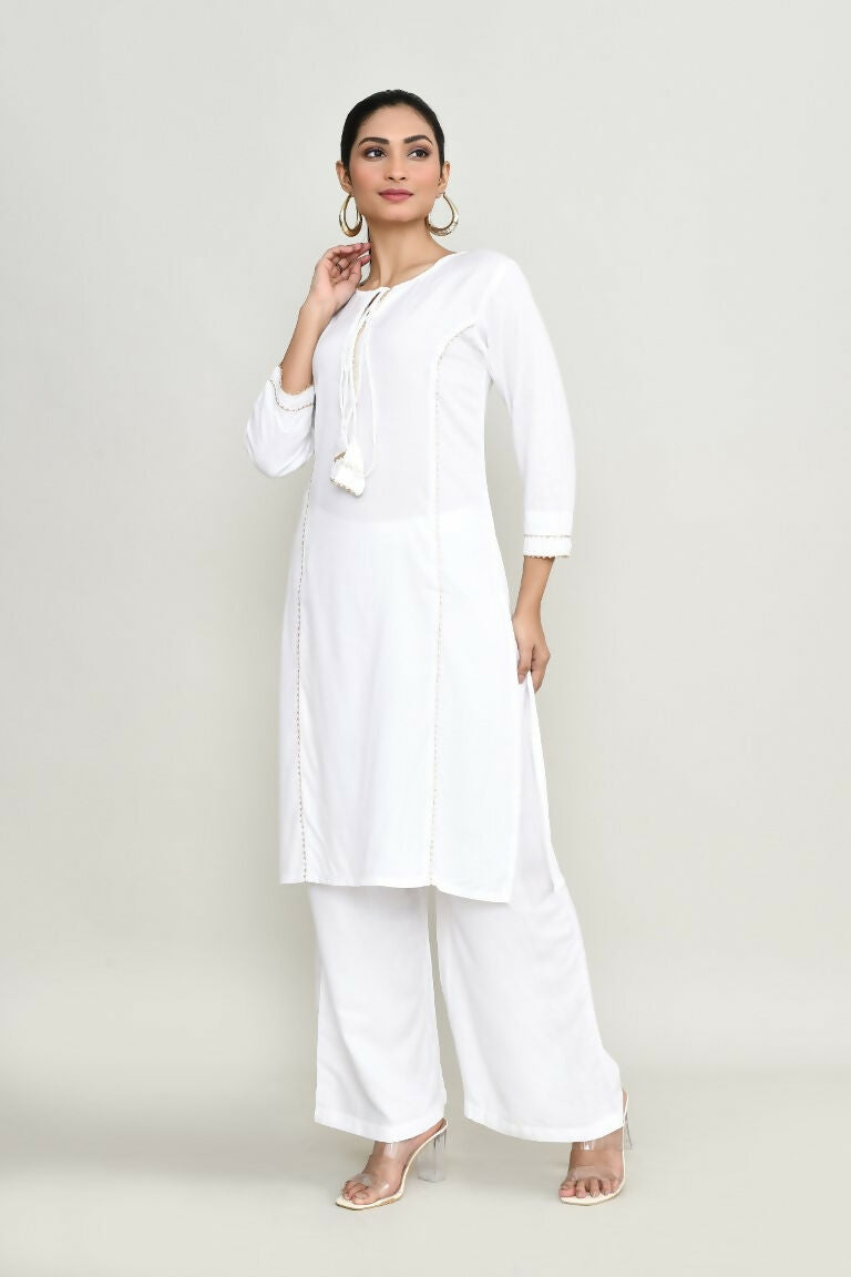 Women's White Rayon Kurta Set with Embroidery and Palazzo Pants