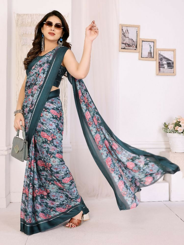 Morpich Bright Moss Satin Printed Saree with Floral Accents