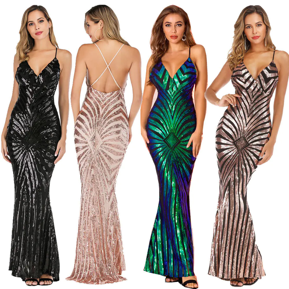 Women's Sequined Backless Maxi Dress Floor Length Evening Gown - Image 19