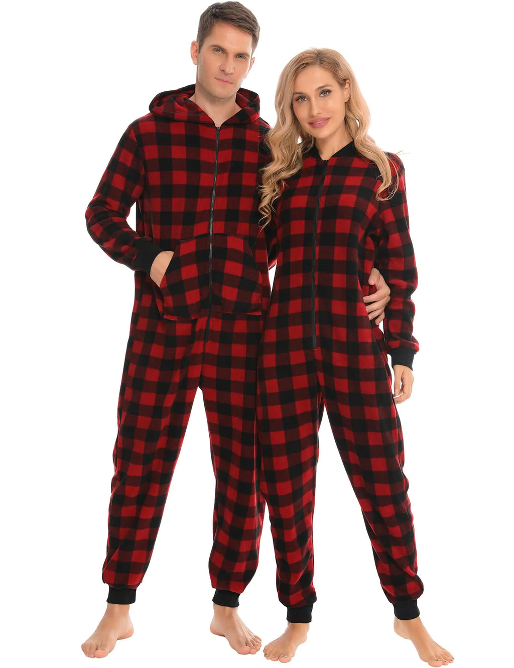 SWOMOG Couples Christmas One Piece Pajamas Sets Women & Men Fleece Winter Loungewear Zip-Up Jumpsuit with Pockets Pjs Men Red Grid X-Large
