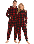 SWOMOG Couples Christmas One Piece Pajamas Sets Women & Men Fleece Winter Loungewear Zip-Up Jumpsuit with Pockets Pjs Men Red Grid X-Large