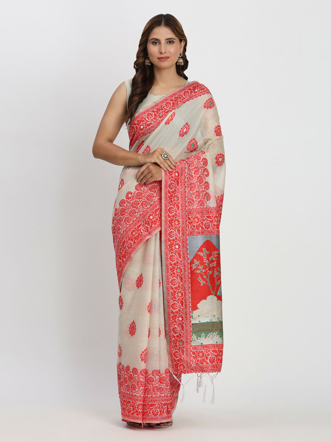 Shree Shyam Fashion Linen Cotton Cream & Red Saree
