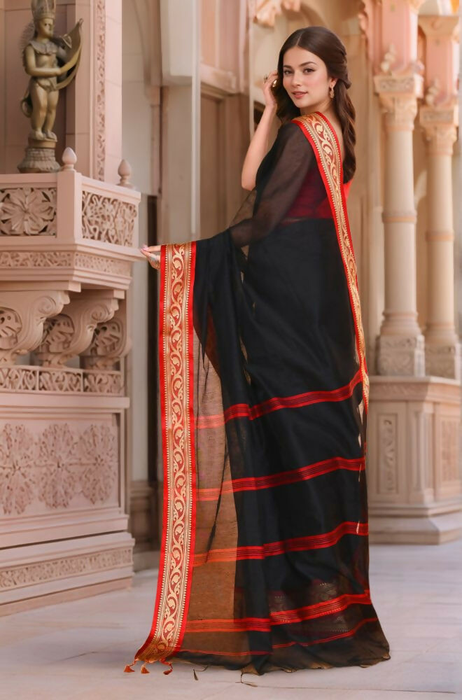 Women Black Red Trendy Cotton Saree with Matching Blouse