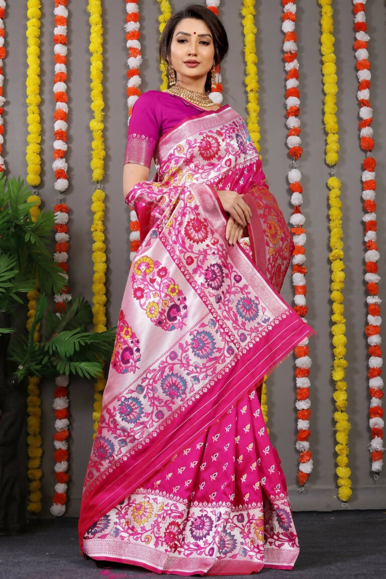 Rani Pink Banarasi Silk Zari Woven Saree with Matching Blouse