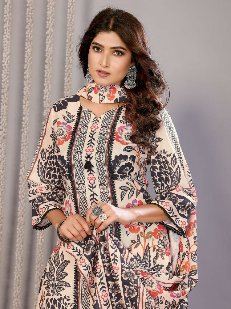 Cream Linen Printed Kurta Set with Notch Neck