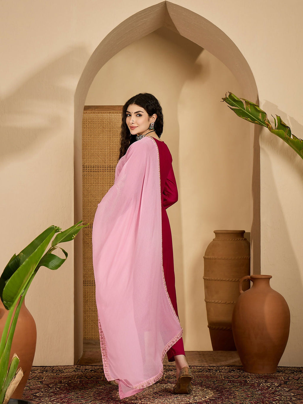 Embroidered Red Vichitra Silk Kurta Set for Festive Wear