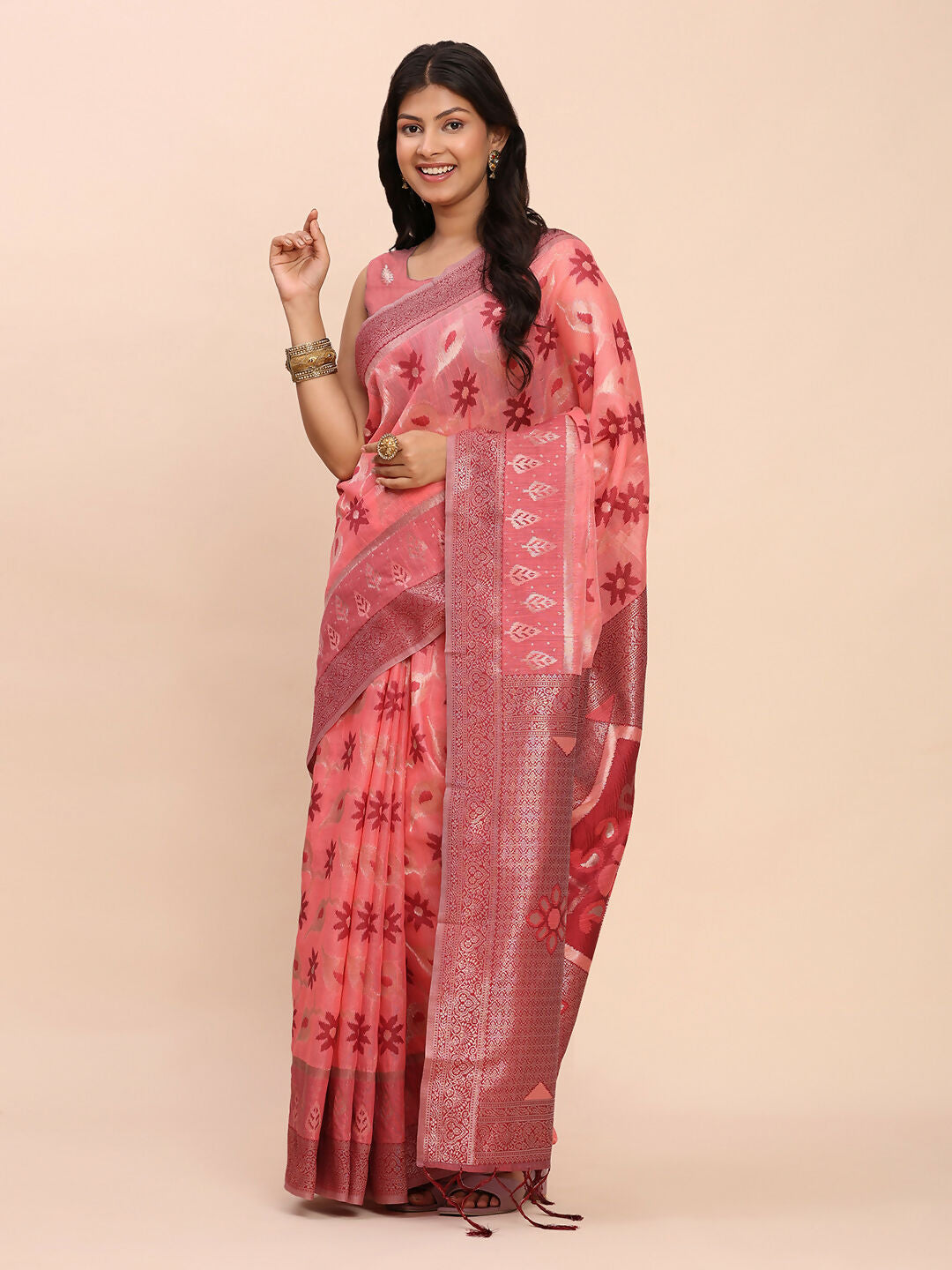 Peach Linen Cotton Saree with Matching Blouse Piece