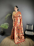 Pastel red soft silk Paithani saree with detailed peacock and floral pattern