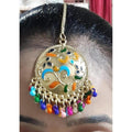 Elegant gold-polished maang tikka embellished with colorful pearls for ethnic wear